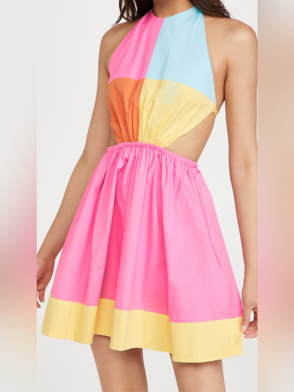 STAUD Eliana Colorblock Pink Orange Blue Yellow Elastic Waist Mini Dress